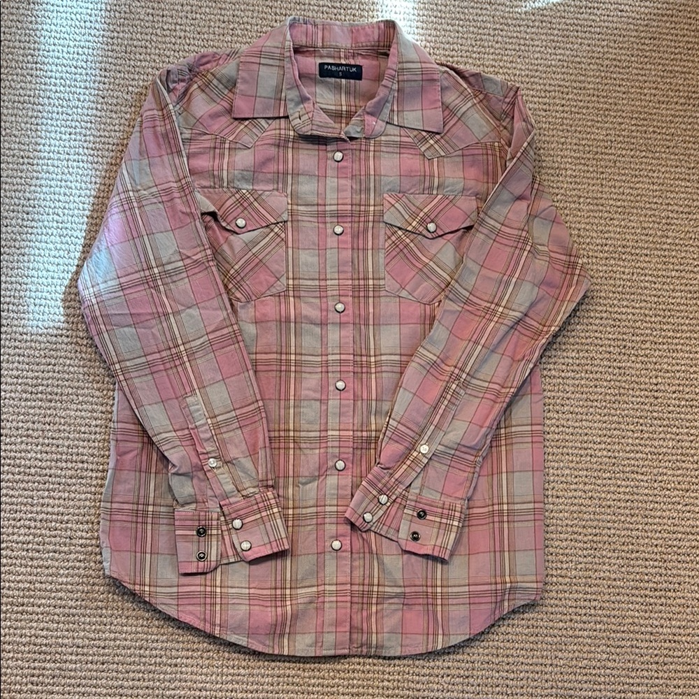 Western  Pink and Taupe Button Down Shirt Small